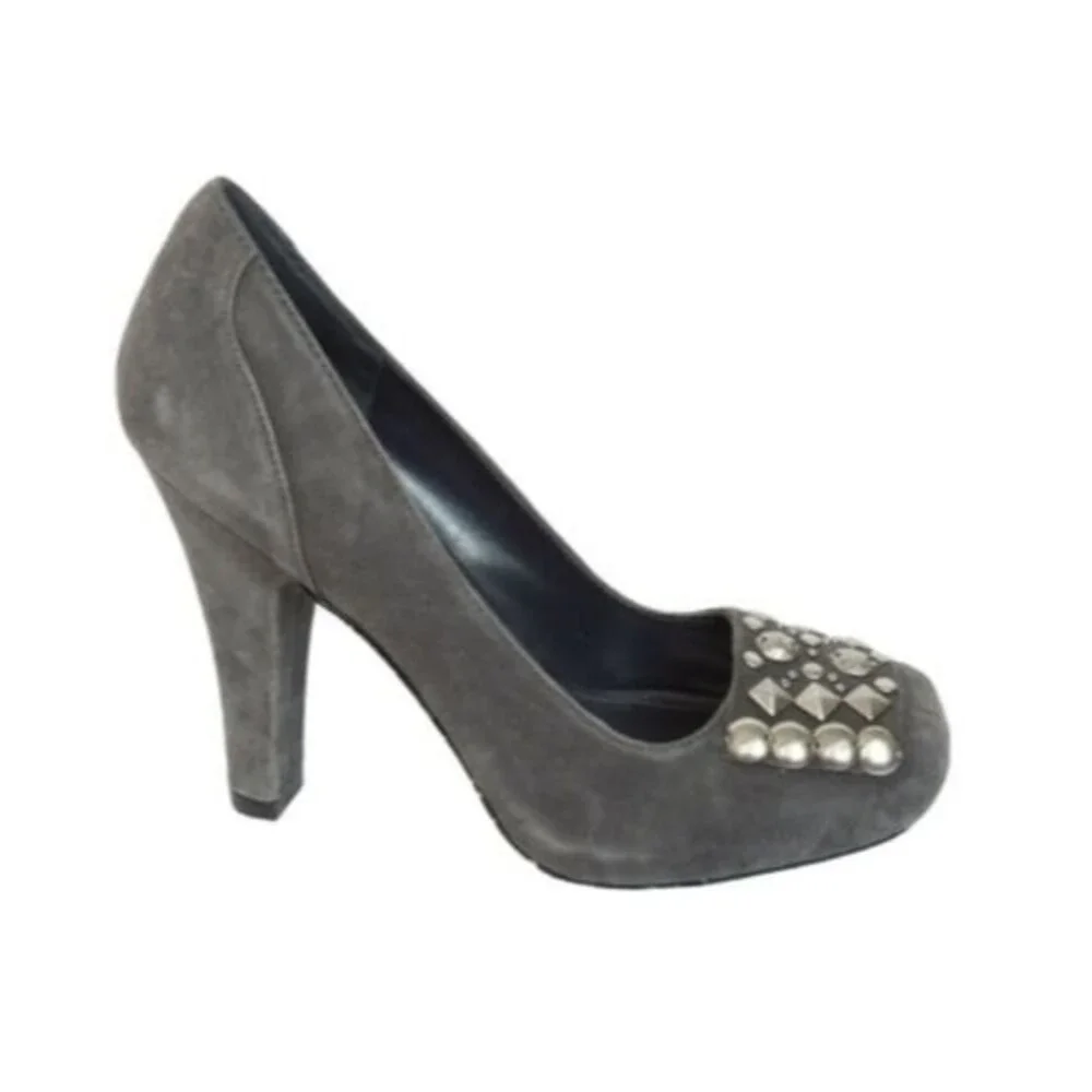 BCBG Galena Suede Square-toe Embellished Heels Gray 7.5